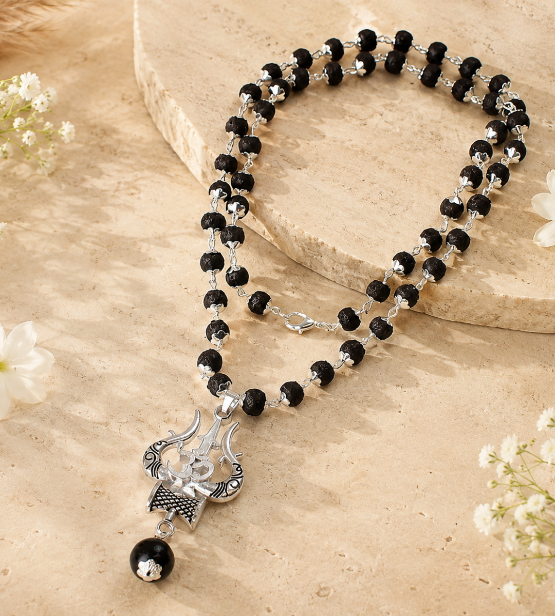 Karungali Mala with Om Shiva Trishul Pendant