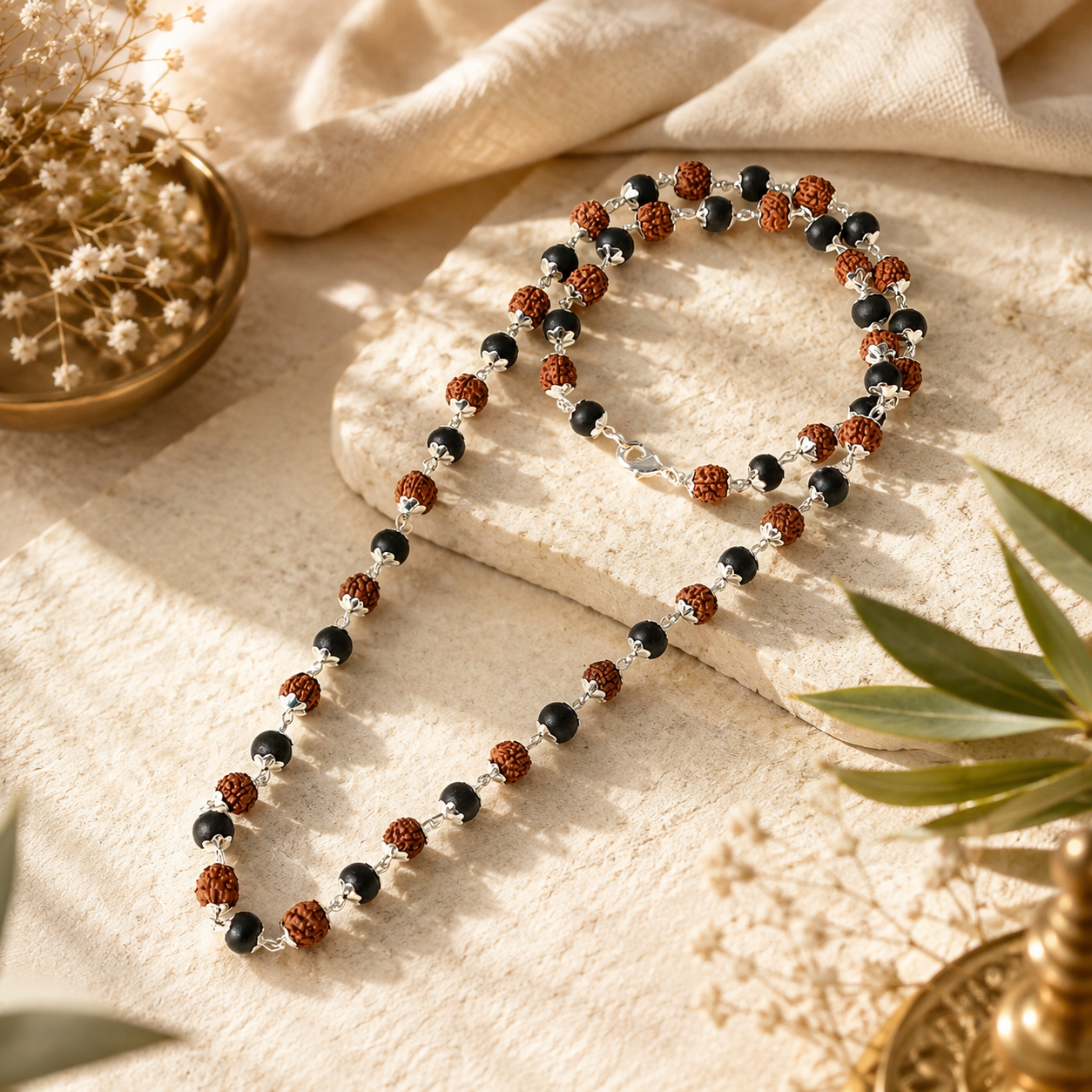 Divya Rudraksha & Karungali Mala with Silver Capping