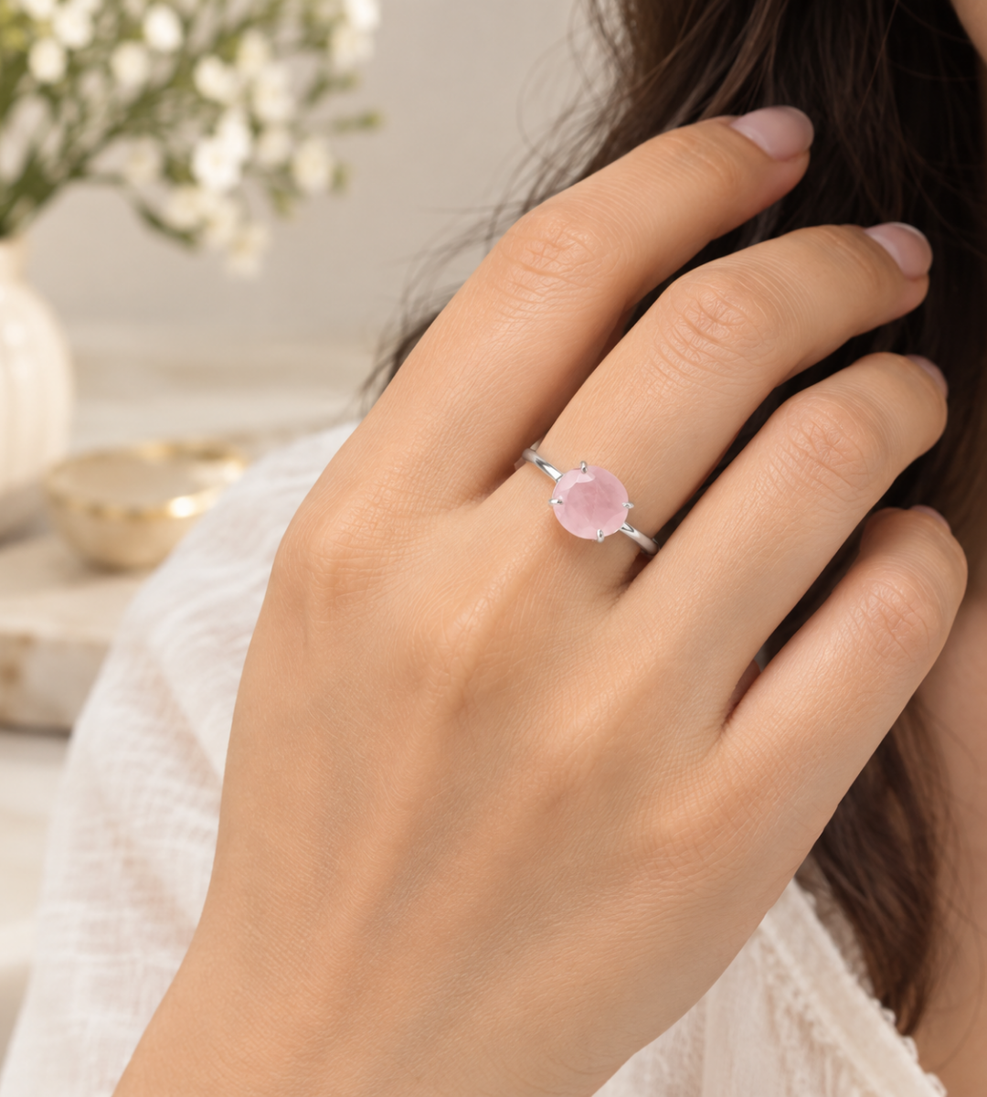 Rose Quartz Diamond Cut Ring